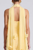 Halter Daffodil Ruched A Line 3D Flower Bridesmaid Dress with Scarf