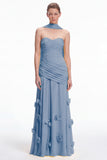 Sweetheart Ruched 3D Flower Sky Blue Bridesmaid Dress with Scarf