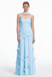 Sweetheart Ruched 3D Flower Sky Blue Bridesmaid Dress with Scarf