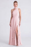 Sage Halter A Line Chiffon Bridesmaid Dress with Slit