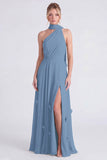Sage Halter A Line Chiffon Bridesmaid Dress with Slit