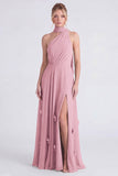 Sage Halter A Line Chiffon Bridesmaid Dress with Slit