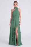 Sage Halter A Line Chiffon Bridesmaid Dress with Slit