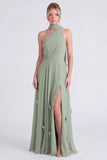Sage Halter A Line Chiffon Bridesmaid Dress with Slit