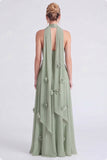 Sage Halter A Line Chiffon Bridesmaid Dress with Slit