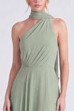 Sage Halter A Line Chiffon Bridesmaid Dress with Slit