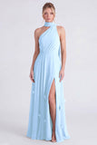 Sage Halter A Line Chiffon Bridesmaid Dress with Slit