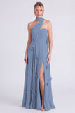 Halter Sage 3D Flower Chiffon Long Bridesmaid Dress with Slit