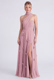 Halter Sage 3D Flower Chiffon Long Bridesmaid Dress with Slit