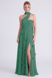 Halter Sage 3D Flower Chiffon Long Bridesmaid Dress with Slit