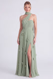 Halter Sage 3D Flower Chiffon Long Bridesmaid Dress with Slit