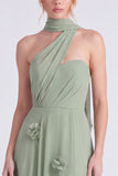 Halter Sage 3D Flower Chiffon Long Bridesmaid Dress with Slit