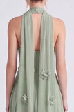 Halter Sage 3D Flower Chiffon Long Bridesmaid Dress with Slit