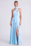 Halter Sage 3D Flower Chiffon Long Bridesmaid Dress with Slit