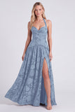 Halter Coffee Corset A Line Bridesmaid Dress with Slit