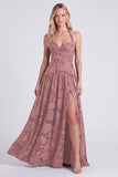 Halter Coffee Corset A Line Bridesmaid Dress with Slit