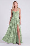 Halter Coffee Corset A Line Bridesmaid Dress with Slit