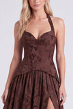 Halter Coffee Corset A Line Bridesmaid Dress with Slit