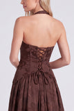 Halter Coffee Corset A Line Bridesmaid Dress with Slit
