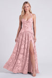 Halter Coffee Corset A Line Bridesmaid Dress with Slit