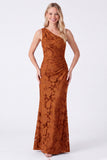 One Shoulder Espresso Floral Sheath Long Bridesmaid Dress
