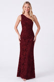 One Shoulder Espresso Floral Sheath Long Bridesmaid Dress