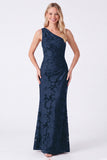 One Shoulder Espresso Floral Sheath Long Bridesmaid Dress