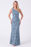 One Shoulder Espresso Floral Sheath Long Bridesmaid Dress