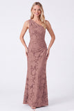 One Shoulder Espresso Floral Sheath Long Bridesmaid Dress