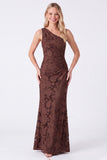 One Shoulder Espresso Floral Sheath Long Bridesmaid Dress