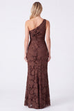 One Shoulder Espresso Floral Sheath Long Bridesmaid Dress