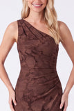 One Shoulder Espresso Floral Sheath Long Bridesmaid Dress