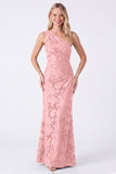 One Shoulder Espresso Floral Sheath Long Bridesmaid Dress