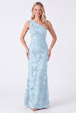 One Shoulder Espresso Floral Sheath Long Bridesmaid Dress