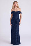 Dark Navy Off the Shoulder Mermaid Floral Corset Bridesmaid Dress