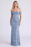 Dark Navy Off the Shoulder Mermaid Floral Corset Bridesmaid Dress