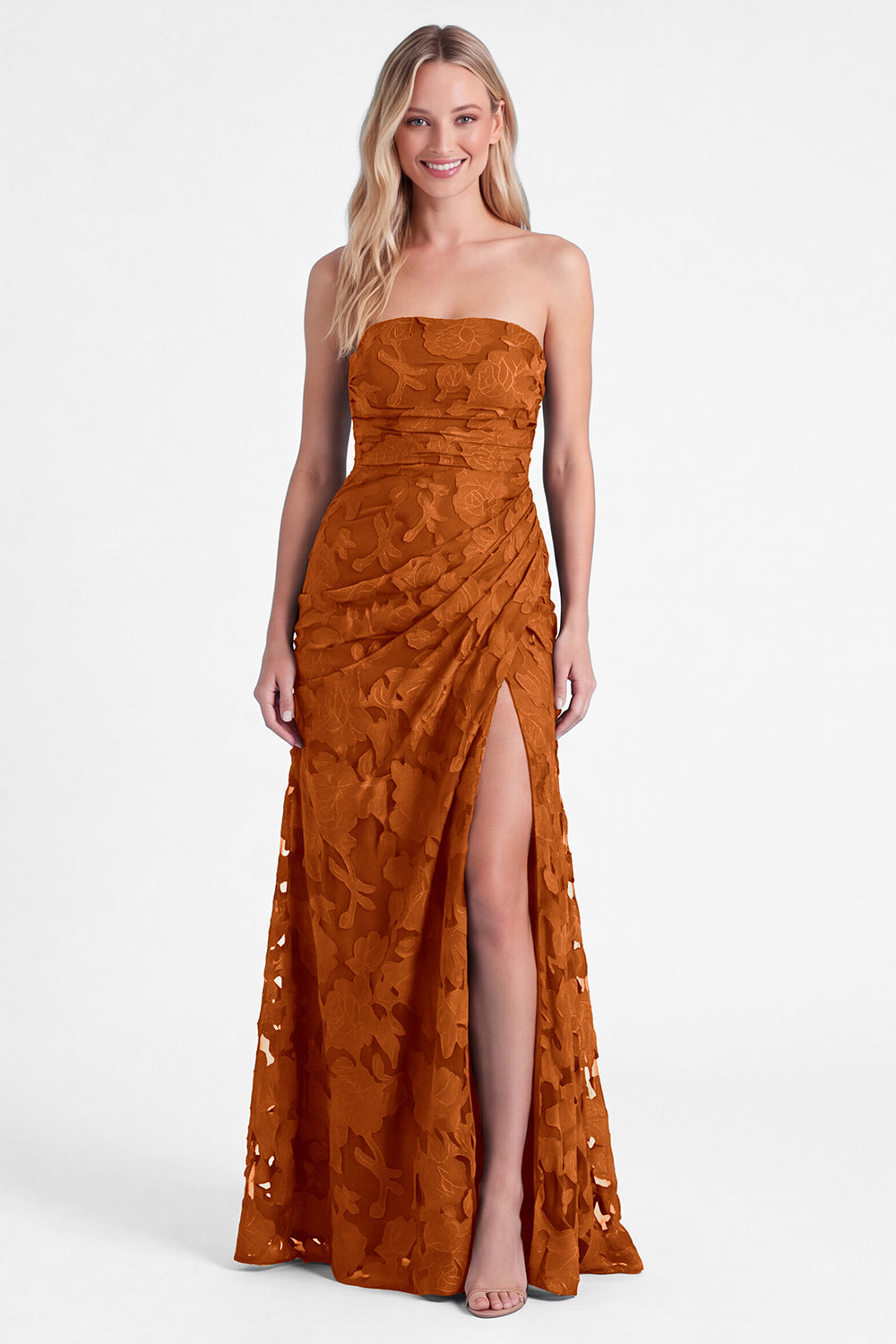 WEDTREND Women Strapless Burnt Orange Bridesmaid Dress Floral Long Wedding Guest Dress with Slit, Burnt Orange / US4
