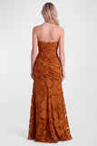 Strapless Burnt Orange Floral Bridesmaid Dress with Slit
