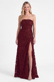 Strapless Burnt Orange Floral Bridesmaid Dress with Slit
