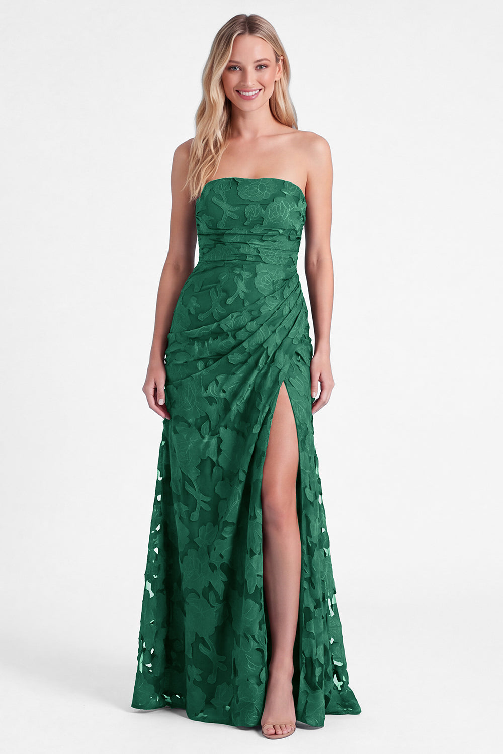 WEDTREND Women Strapless Burnt Orange Bridesmaid Dress Floral Long Wedding Guest Dress with Slit, Dark Green / US12