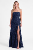 Strapless Burnt Orange Floral Bridesmaid Dress with Slit