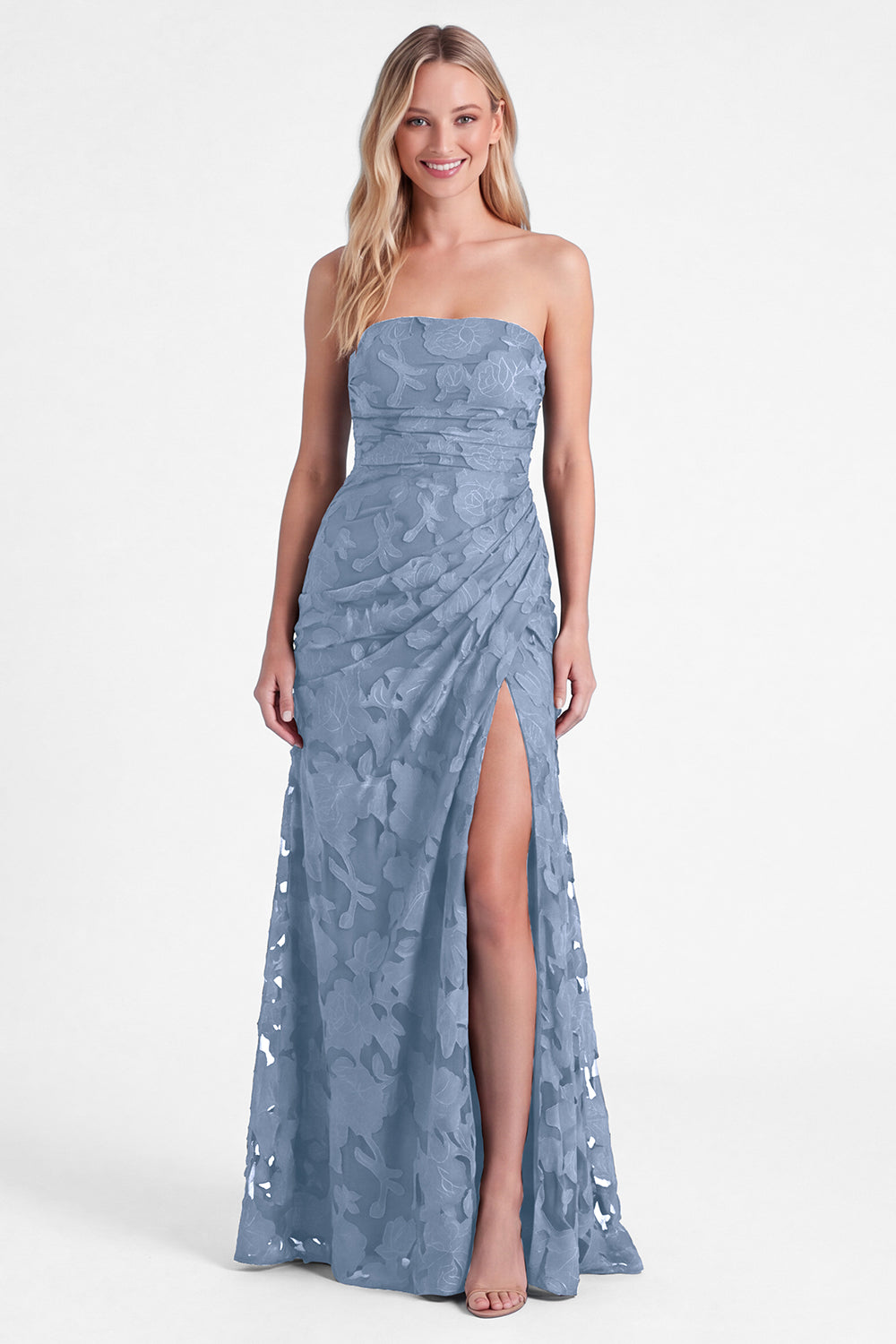 WEDTREND Women Strapless Burnt Orange Bridesmaid Dress Floral Long Wedding Guest Dress with Slit, Dusty Blue / US8