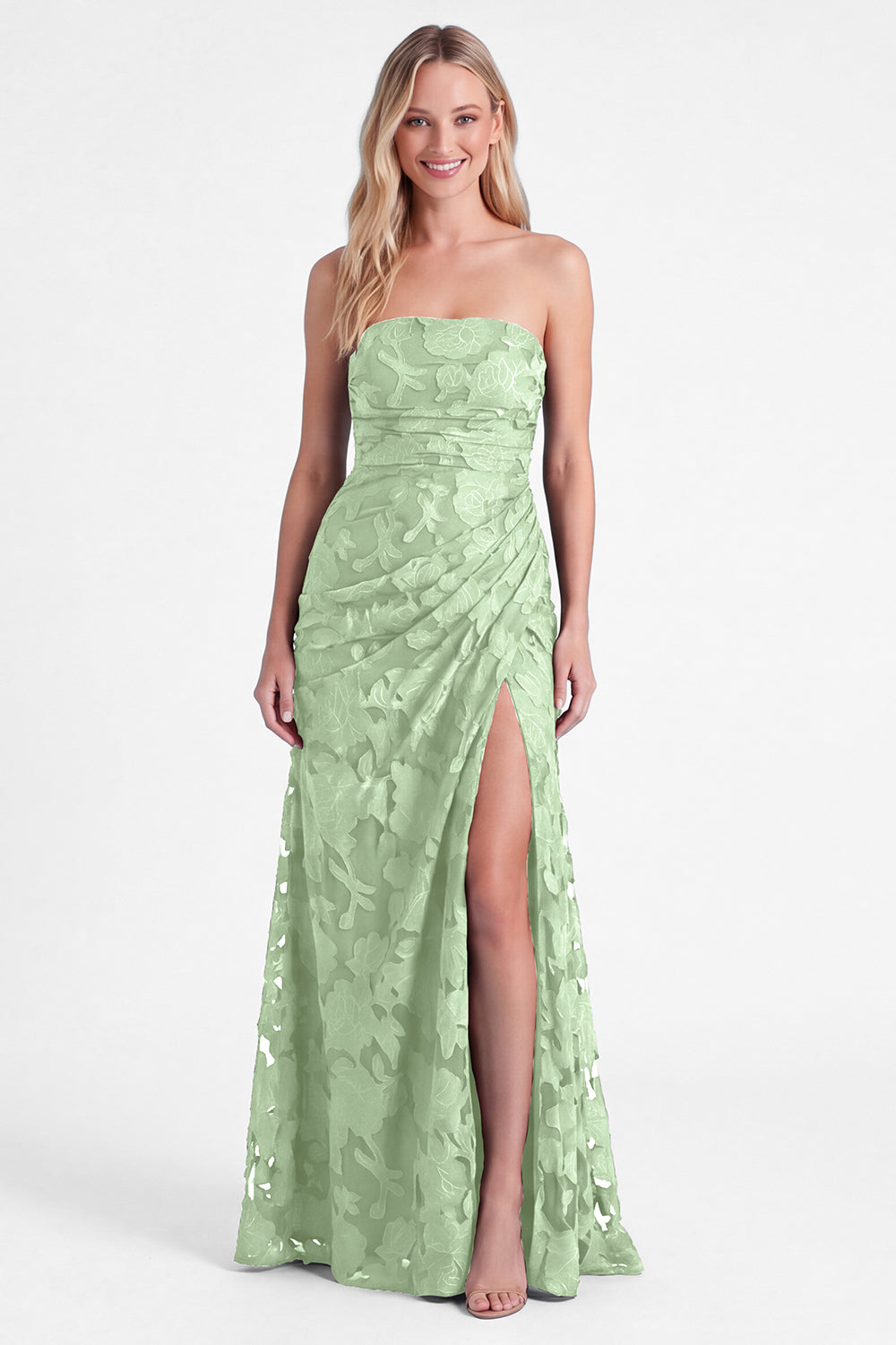WEDTREND Women Strapless Burnt Orange Bridesmaid Dress Floral Long Wedding Guest Dress with Slit, Dusty Sage / US24W