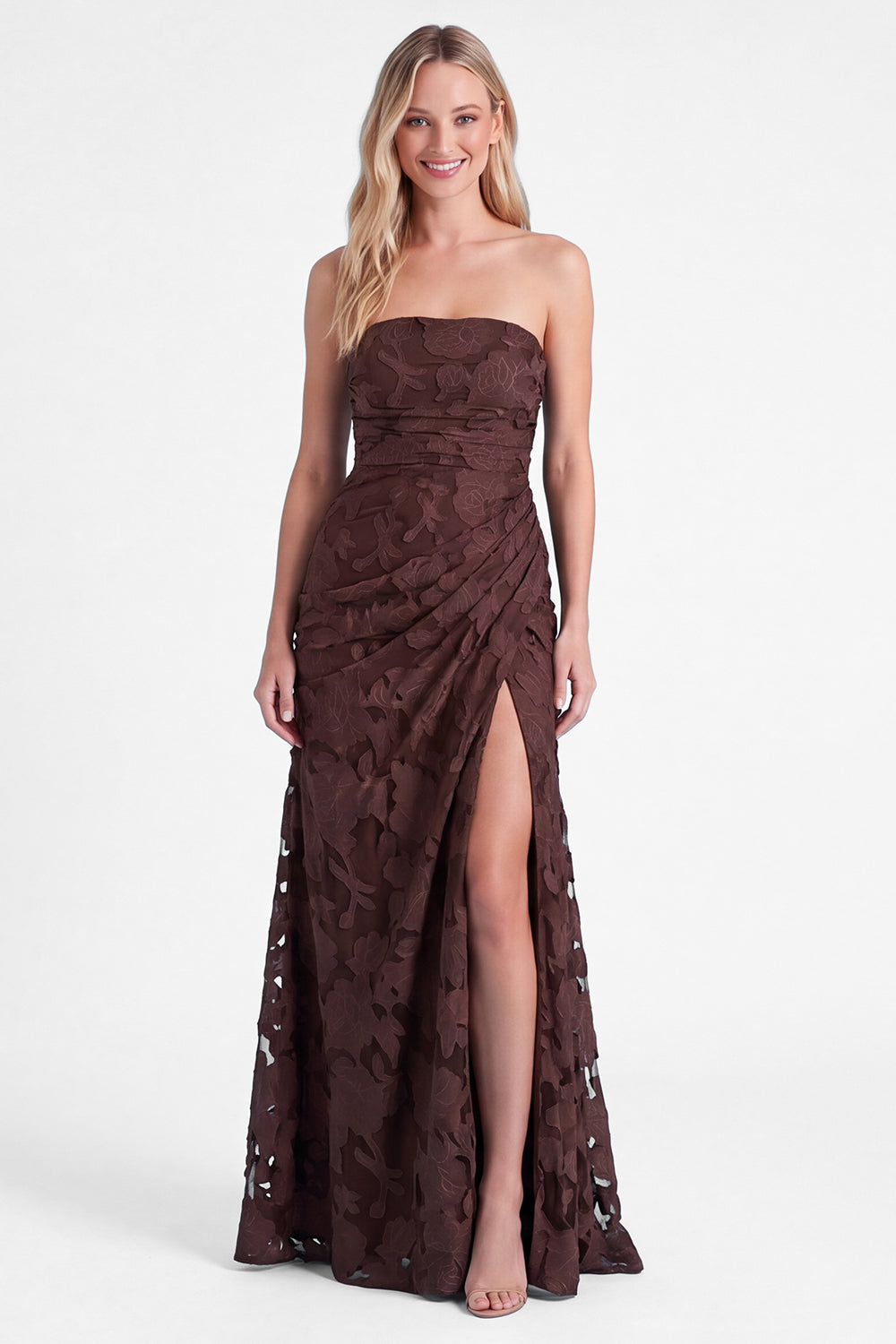WEDTREND Women Strapless Burnt Orange Bridesmaid Dress Floral Long Wedding Guest Dress with Slit, Espresso / US18W
