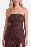 Strapless Burnt Orange Floral Bridesmaid Dress with Slit