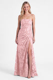 Strapless Burnt Orange Floral Bridesmaid Dress with Slit