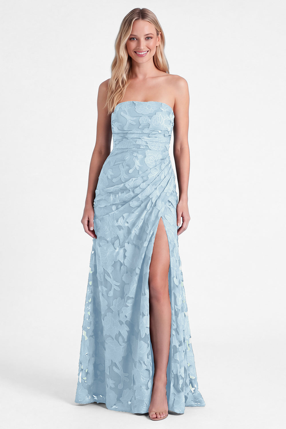 WEDTREND Women Strapless Burnt Orange Bridesmaid Dress Floral Long Wedding Guest Dress with Slit, Dusty Blue / US8
