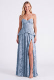Dusty Sage Sweetheart Floral A Line Bridesmaid Dress with Slit