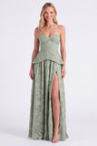 Dusty Sage Sweetheart Floral A Line Bridesmaid Dress with Slit