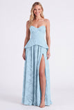 Dusty Sage Sweetheart Floral A Line Bridesmaid Dress with Slit